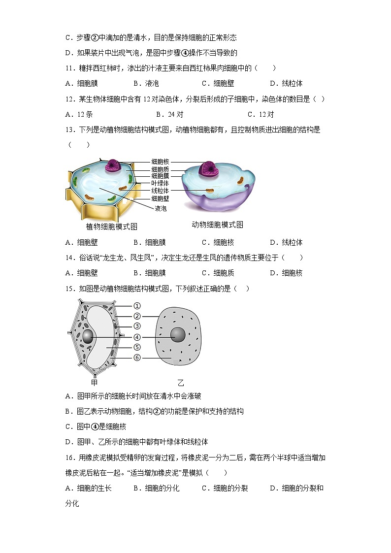 冀少版 初中生物 七年级上册 第一单元第二章生物的结构层次 培优练习（含解析）第3页