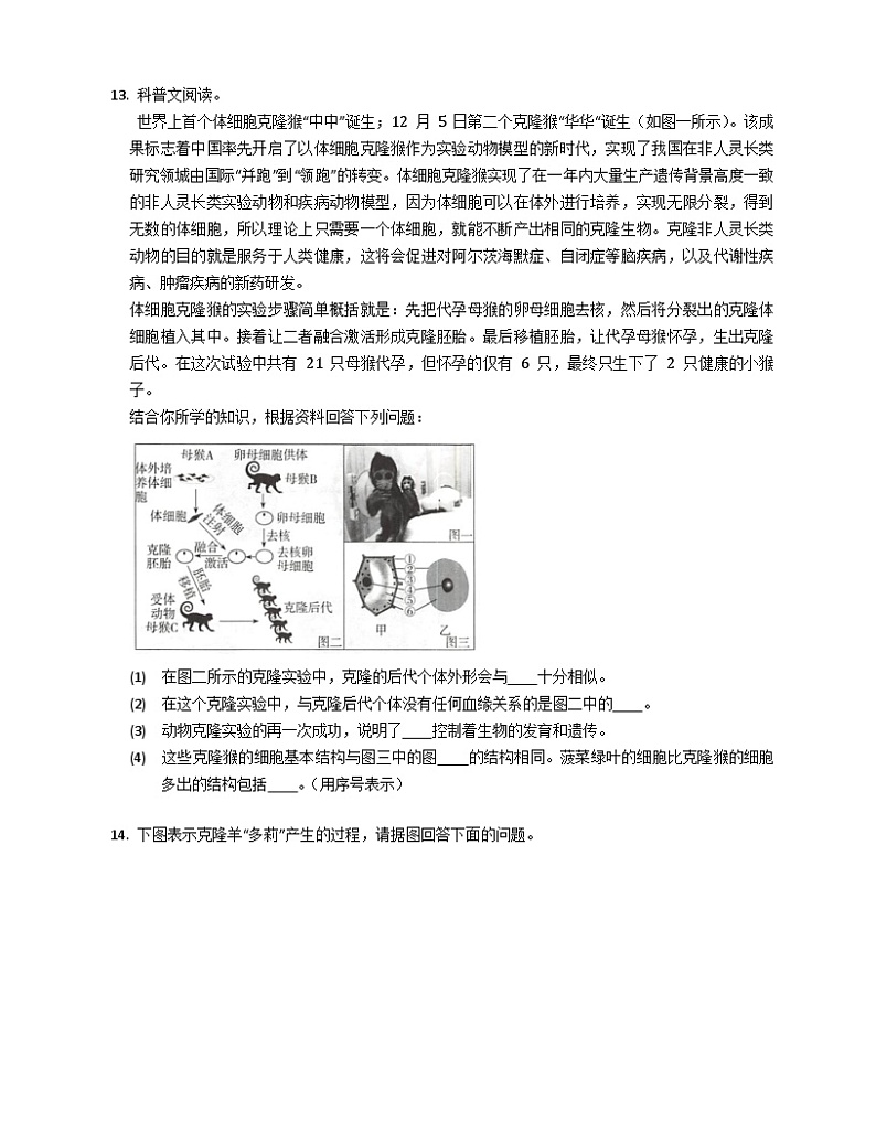 （苏科版）生物 八年级上册 7.20动物的生殖和发育同步练习（含答案）03