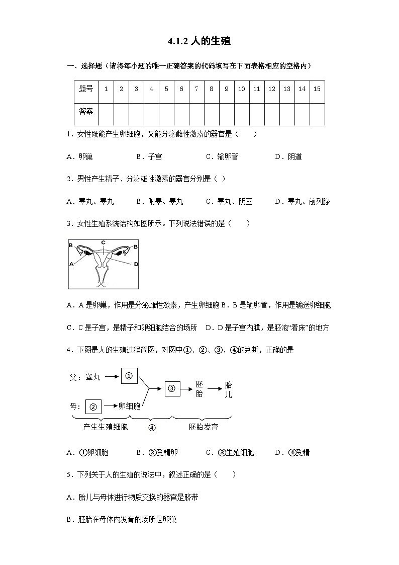 【鲁科版】生物七年级上册 4.1.2人的生殖课时练(word版含解析）第1页