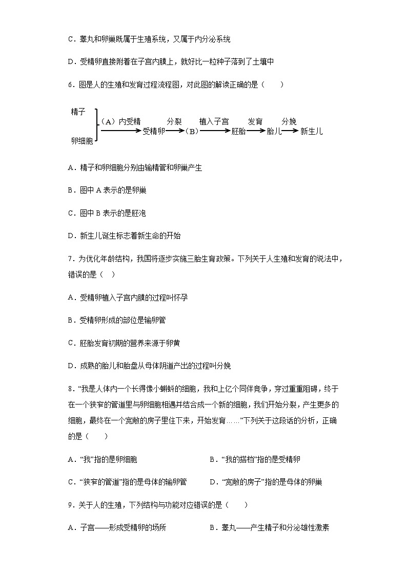 【鲁科版】生物七年级上册 4.1.2人的生殖课时练(word版含解析）第2页