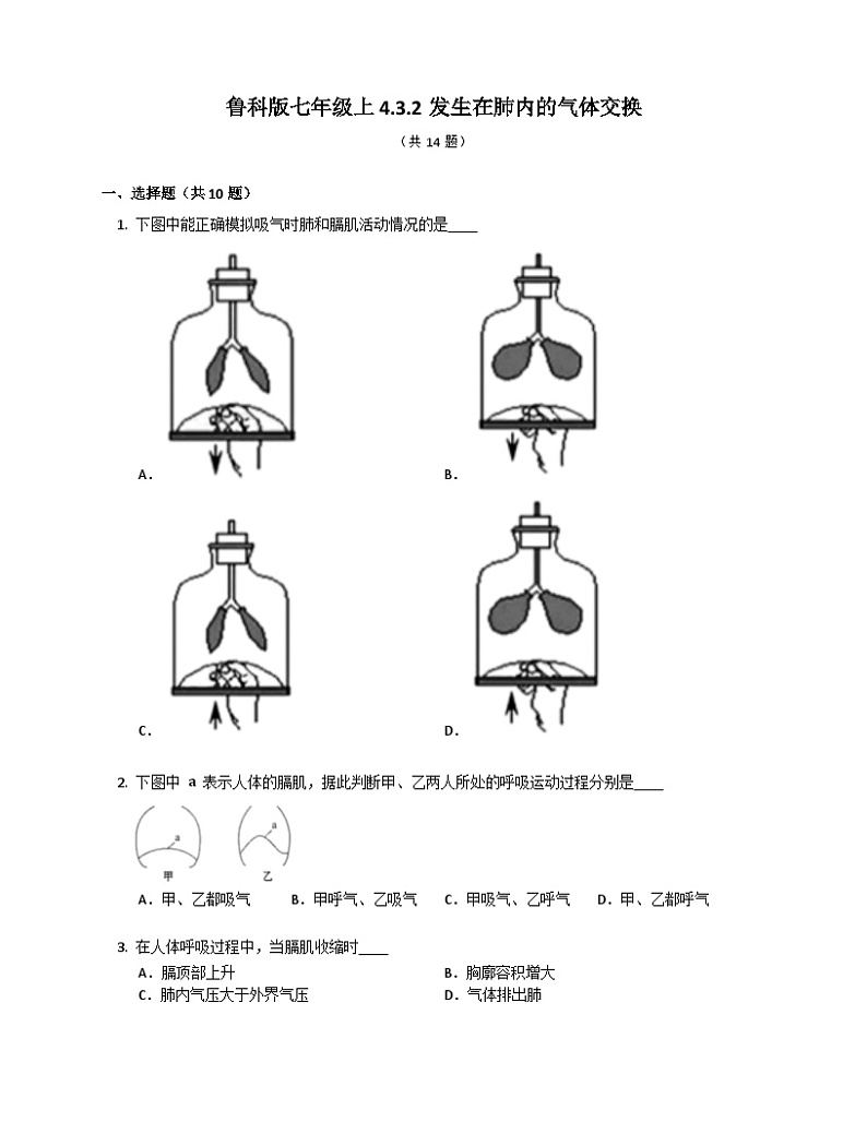 【鲁科版】生物七年级上册 4.3.2发生在肺内的气体交换同步练习（含答案）01