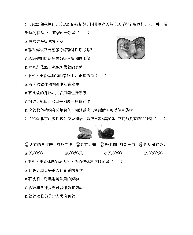 【鲁科版(五四制)】生物 八年级上册 7.1.3软体动物和节肢动物同步练习（含解析）02
