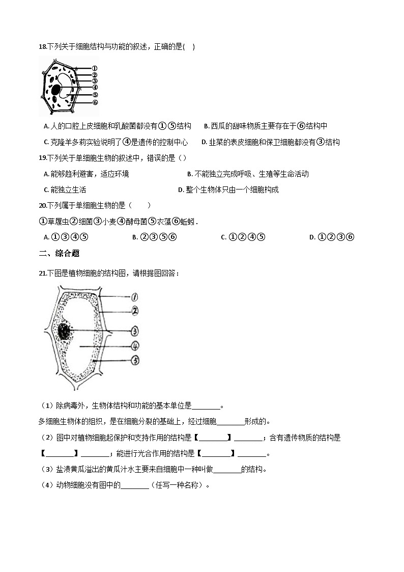 鲁科版（五四学制）初中生物 六年级上册  第二单元 生物体的结构层次 单元巩固练习题（含解析）03