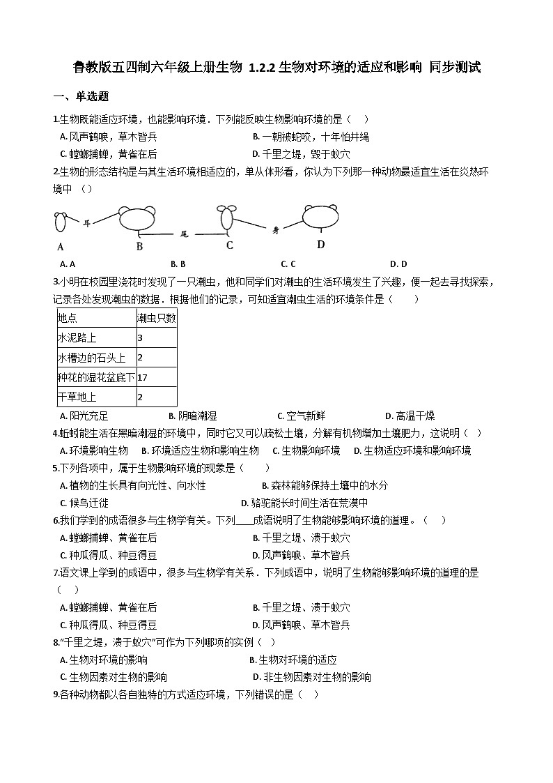 鲁科版（五四学制）初中生物 六年级上册 1.2.2 生物对环境的适应和影响 同步测试（含解析）01