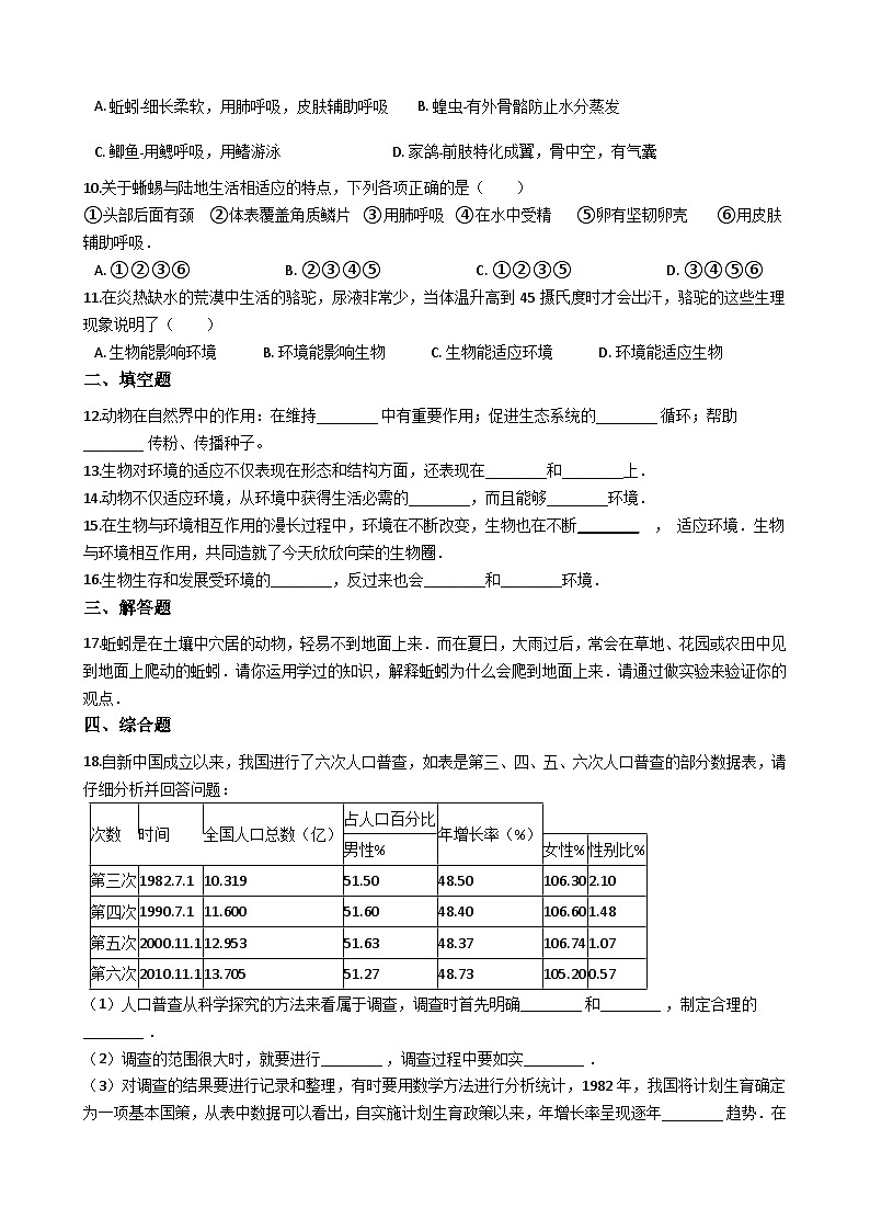 鲁科版（五四学制）初中生物 六年级上册 1.2.2 生物对环境的适应和影响 同步测试（含解析）02