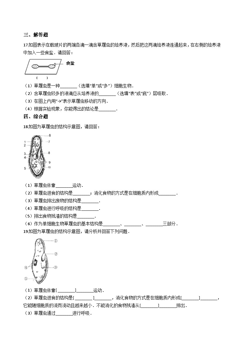 鲁科版（五四学制）初中生物 六年级上册 2.2.2 单细胞生物 同步测试（含解析）03