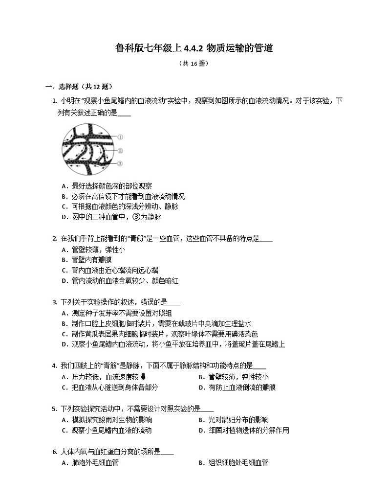鲁科版（五四学制） 初中生物 七年级上册 4.4.2物质运输的管道练习（含答案）第1页