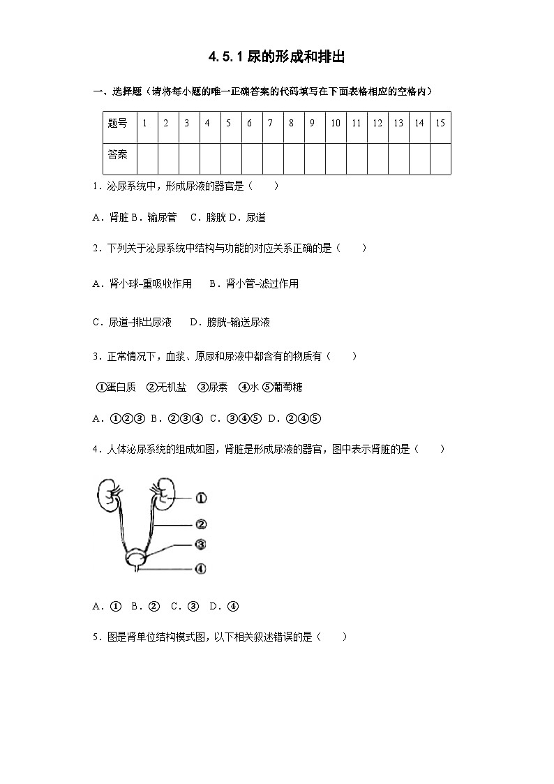 鲁科版（五四学制） 初中生物 七年级上册 4.5.1尿的形成和排出课时练(word版含解析）第1页