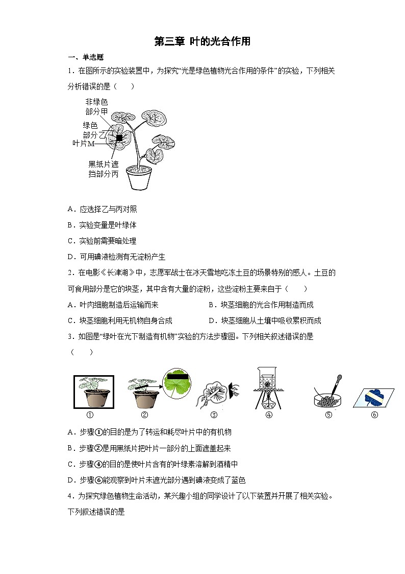 冀少版 八年级生物上册 第三单元 第三章 叶的光合作用 提升练习 （word版  含解析）01