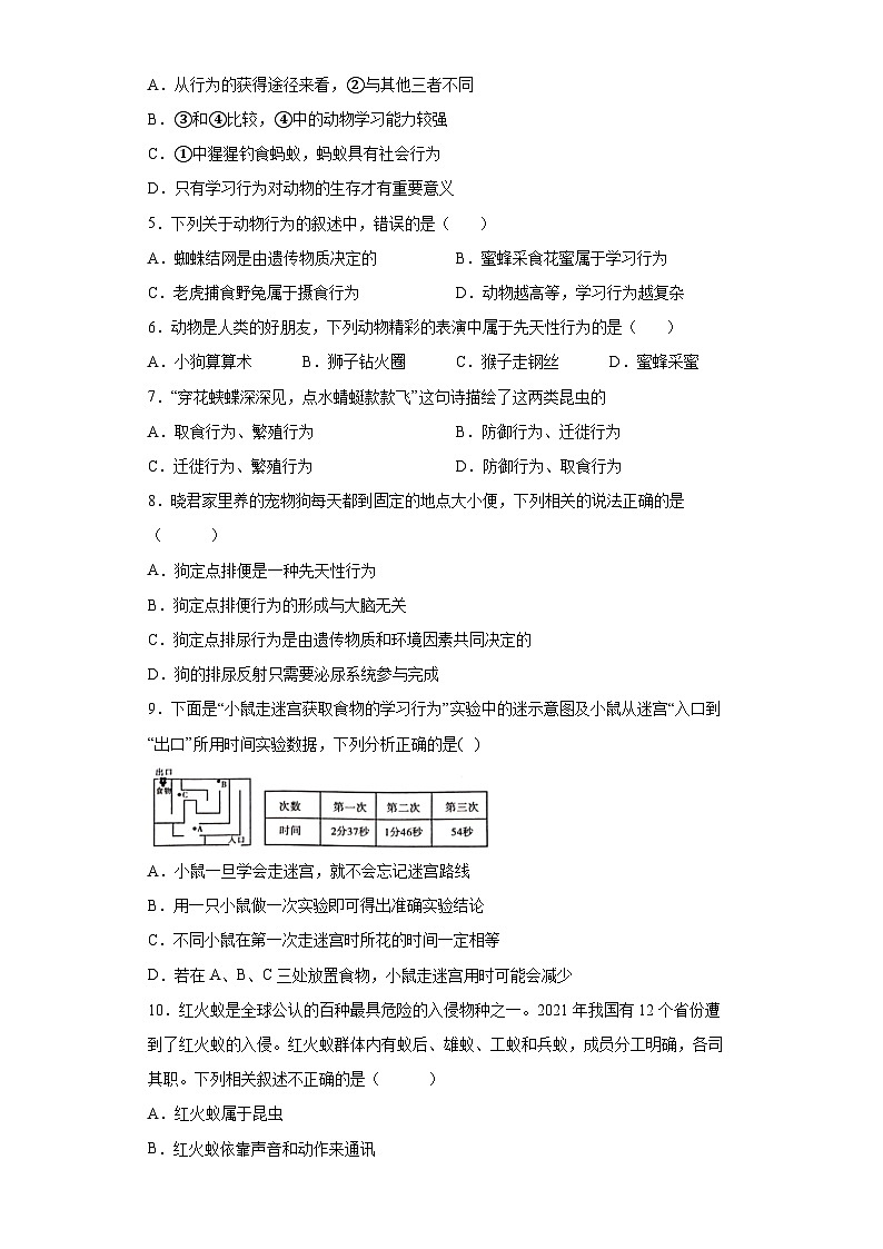 冀少版 八年级生物上册 第4单元 第二章 动物的行为 提升练习（word版 含解析）02