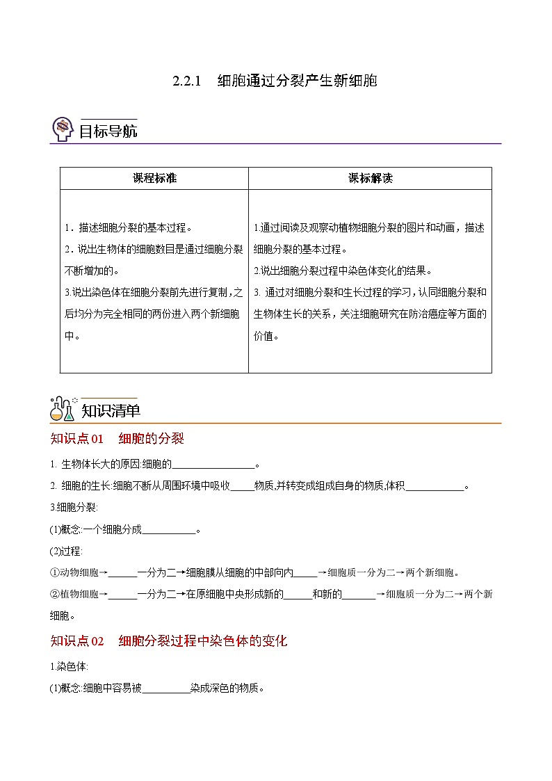 【同步讲义】人教版生物七年级上册--2.2.1《细胞通过分裂产生新细胞》讲义01