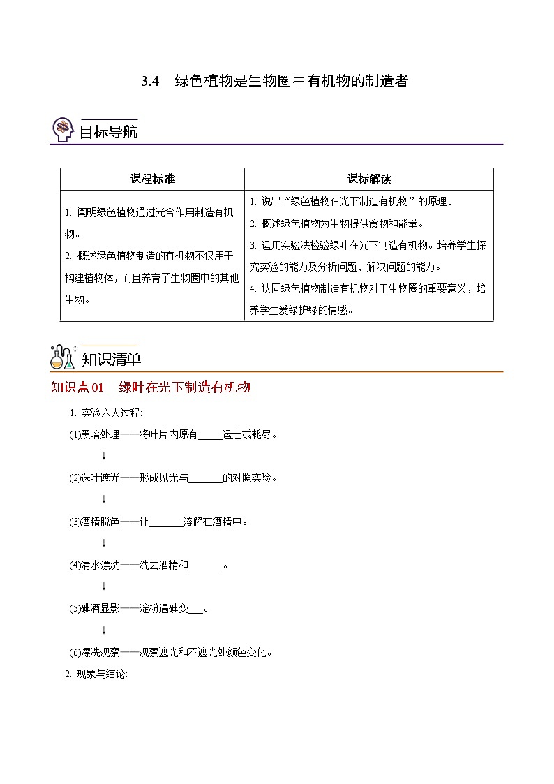 【同步讲义】人教版生物七年级上册--3.4《绿色植物是生物圈中有机物的制造者》讲义01