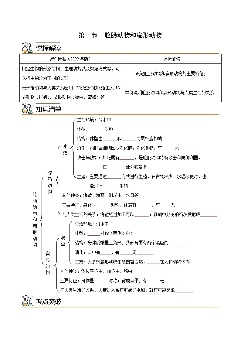 【同步讲义】人教版生物八年级上册第五单元-第一章-第一节《腔肠动物和扁形动物》讲义01