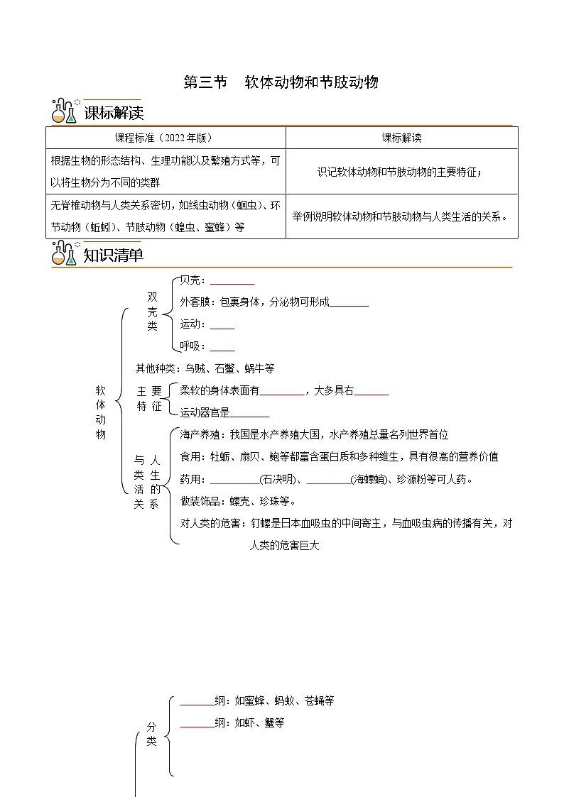 【同步讲义】人教版生物八年级上册第五单元-第一章-第三节《软体动物和节肢动物》讲义01