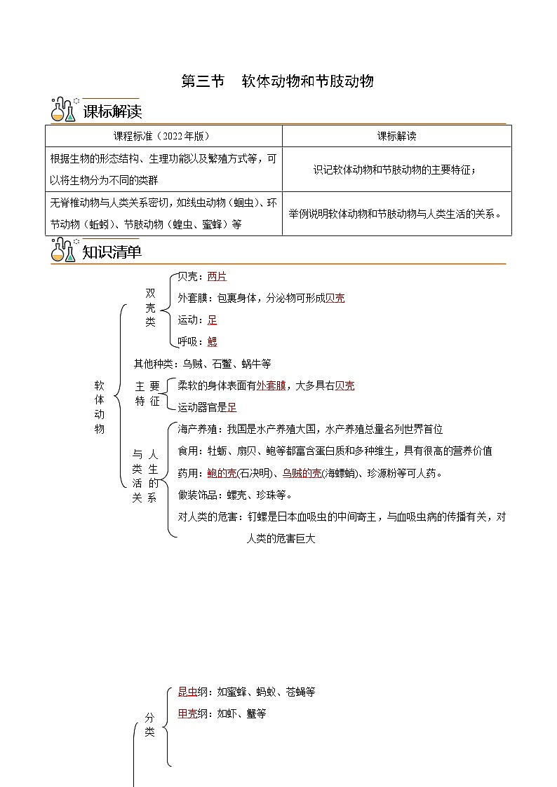 【同步讲义】人教版生物八年级上册第五单元-第一章-第三节《软体动物和节肢动物》讲义01