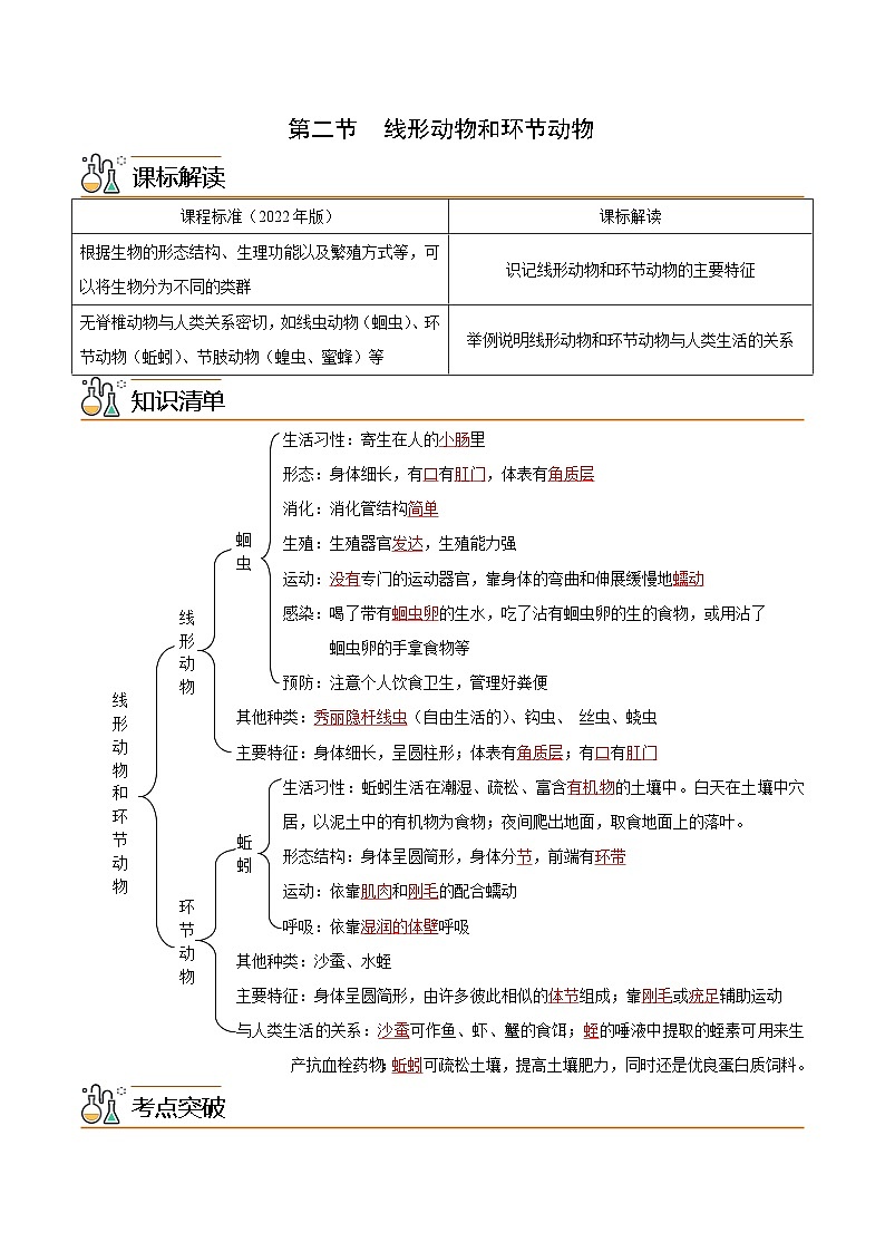 【同步讲义】人教版生物八年级上册第五单元-第一章-第二节《线形动物和环节动物》讲义01