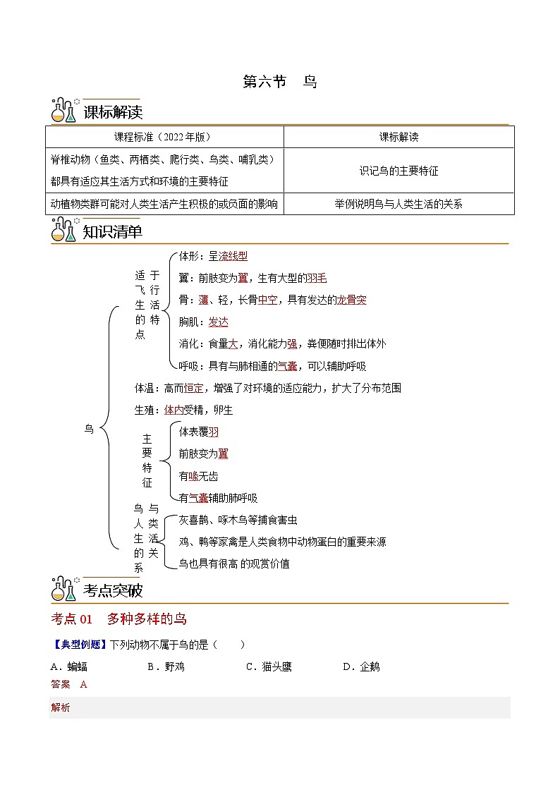 【同步讲义】人教版生物八年级上册第五单元-第一章-第六节《鸟》讲义01