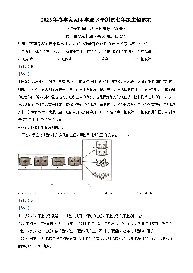 江苏省泰州市高港区等2地2022-2023学年七年级下学期期末生物试题（解析版）01