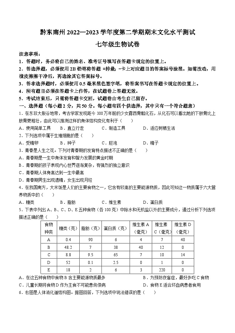 贵州省黔东南苗族侗族自治州2022-2023学年七年级下学期期末生物试题（含答案）第1页