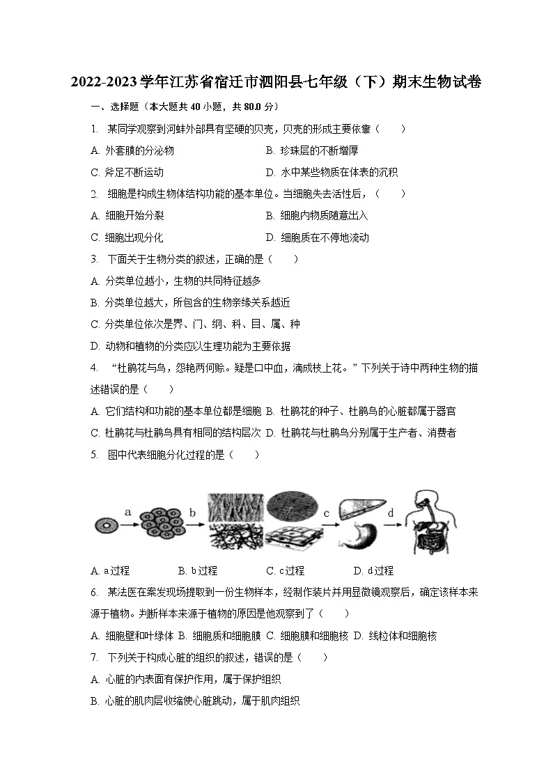 2022-2023学年江苏省宿迁市泗阳县七年级（下）期末生物试卷（含解析）第1页