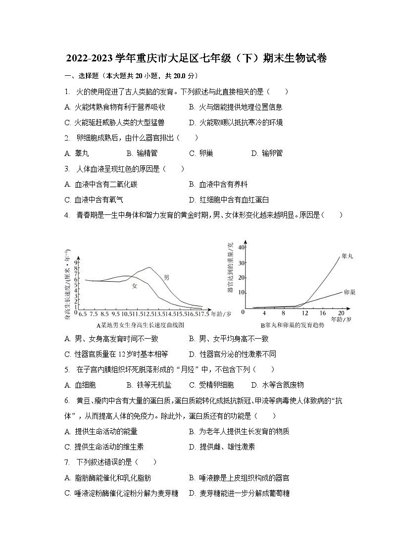 2022-2023学年重庆市大足区七年级（下）期末生物试卷（含解析）第1页
