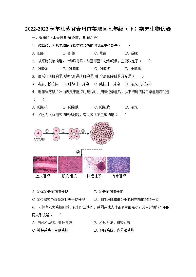 2022-2023学年江苏省泰州市姜堰区七年级（下）期末生物试卷（含解析）第1页