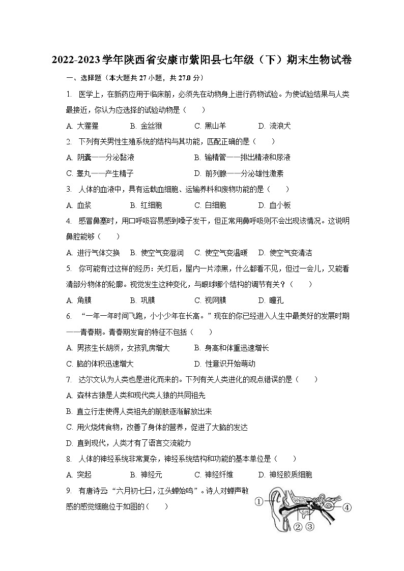 2022-2023学年陕西省安康市紫阳县七年级（下）期末生物试卷（含解析）第1页