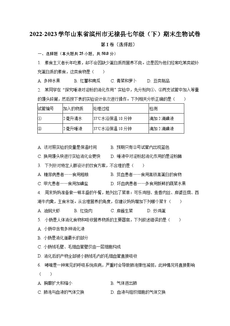 2022-2023学年山东省滨州市无棣县七年级（下）期末生物试卷（含解析）01