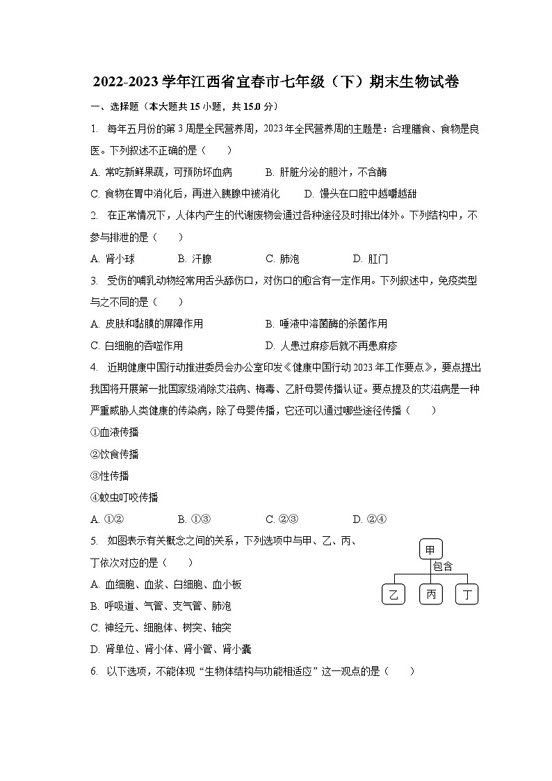 2022-2023学年江西省宜春市七年级（下）期末生物试卷（含解析）第1页