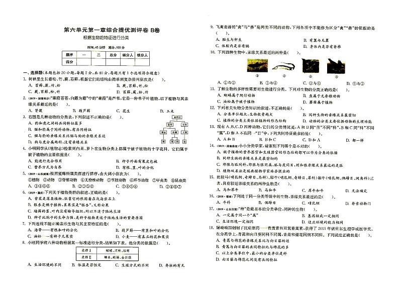 人教版八年级上册《生物》第六单元第一章综合达标训练B卷（含答案）01