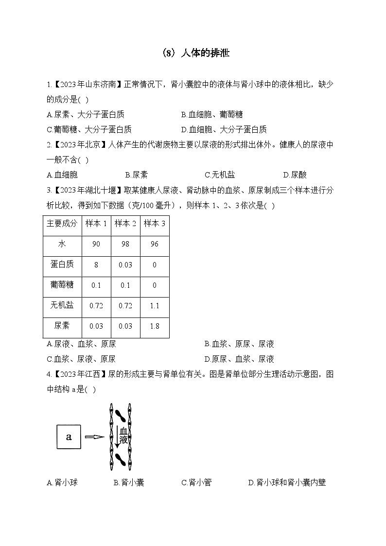（8）人体的排泄——2023年中考生物真题专项汇编01
