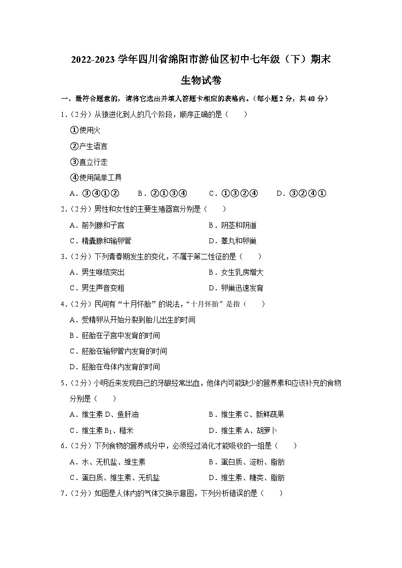 四川省绵阳市游仙区2022-2023学年七年级下学期期末生物试卷（含答案）第1页