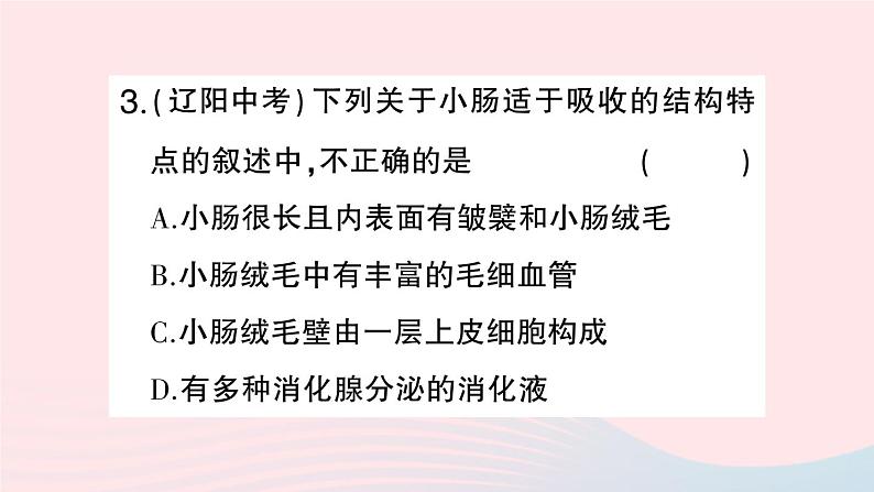 2023七年级生物下册第四单元生物圈中的人第二章人体的营养第二节消化和吸收第二课时营养物质的吸收作业课件新版新人教版07