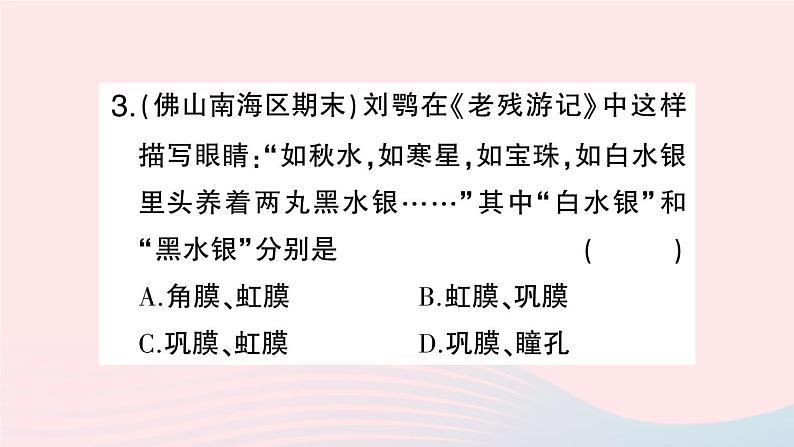 2023七年级生物下册第四单元生物圈中的人第六章人体生命活动的调节第一节人体对外界环境的感知第一课时眼和视觉作业课件新版新人教版第7页