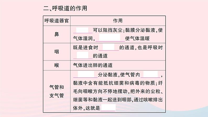 2023七年级生物下册第四单元生物圈中的人第三章人体的呼吸第一节呼吸道对空气的处理作业课件新版新人教版03