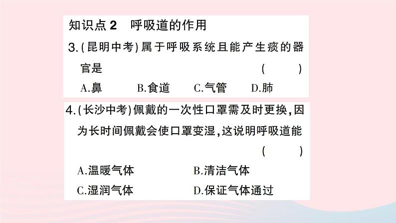 2023七年级生物下册第四单元生物圈中的人第三章人体的呼吸第一节呼吸道对空气的处理作业课件新版新人教版05