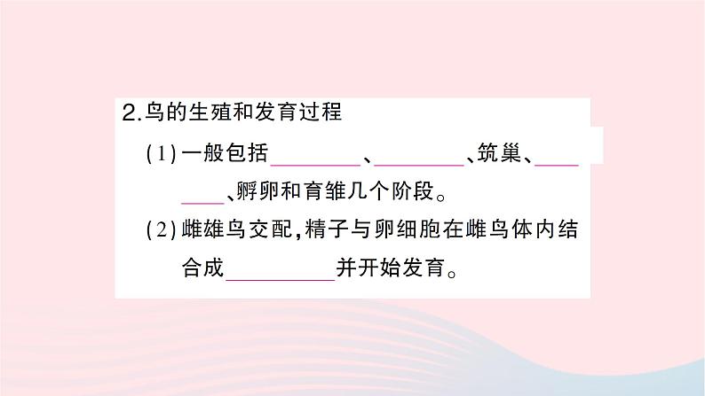 2023八年级生物下册第七单元生物圈中生命的延续和发展第一章生物的生殖和发育第四节鸟的生殖和发育作业课件新版新人教版05