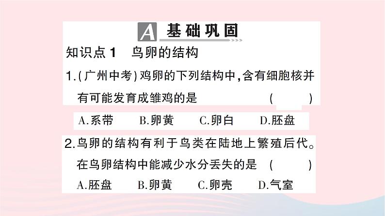 2023八年级生物下册第七单元生物圈中生命的延续和发展第一章生物的生殖和发育第四节鸟的生殖和发育作业课件新版新人教版06