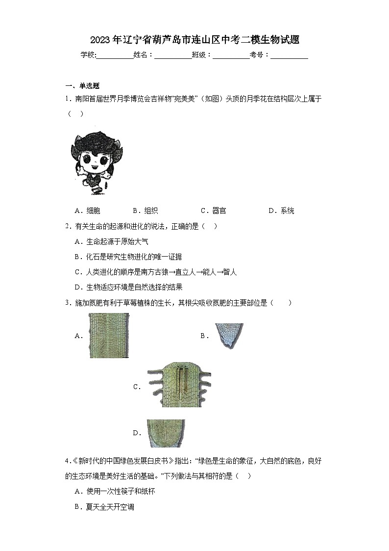 2023年辽宁省葫芦岛市连山区中考二模生物试题（含解析）01
