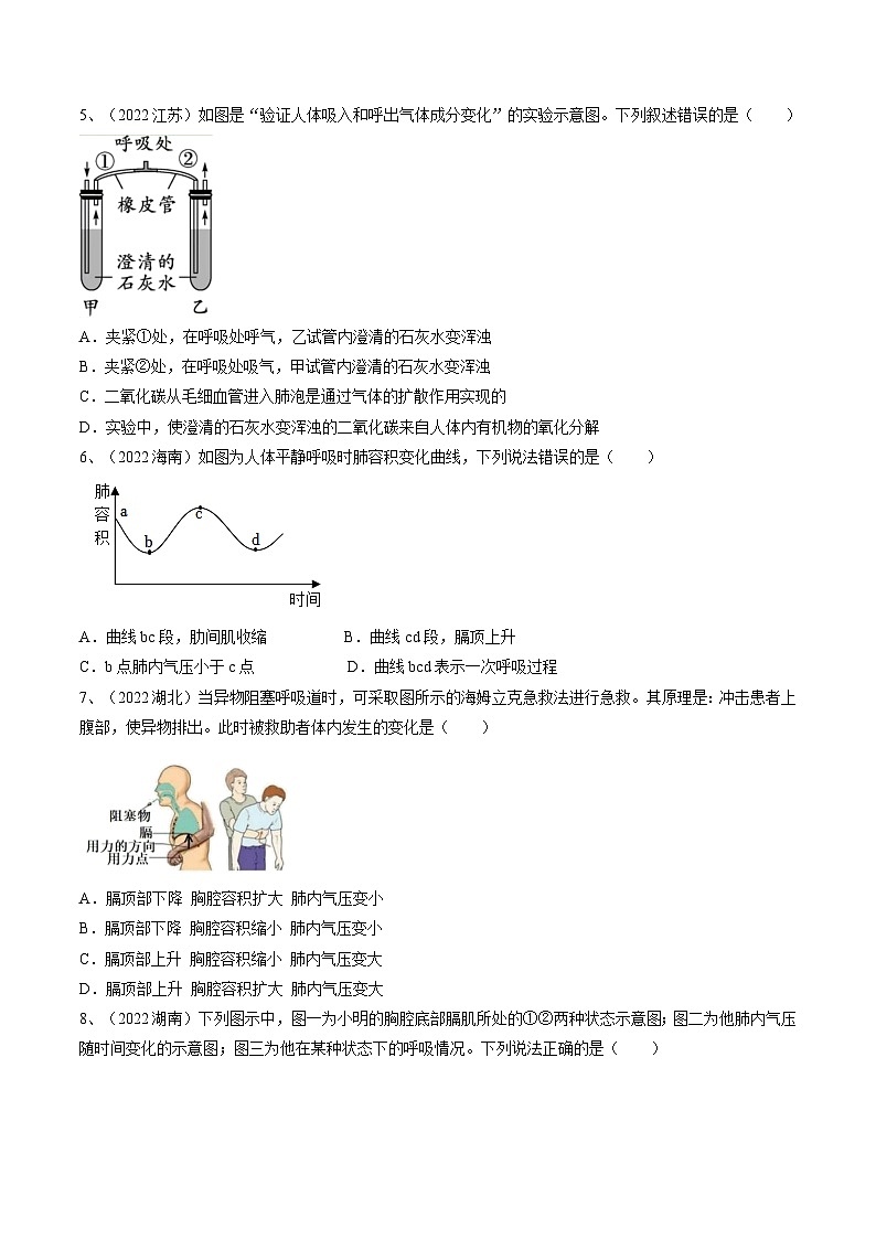 专题11 人体的呼吸（专题精练）-2023年中考生物一轮复习讲练测（原卷版）第2页