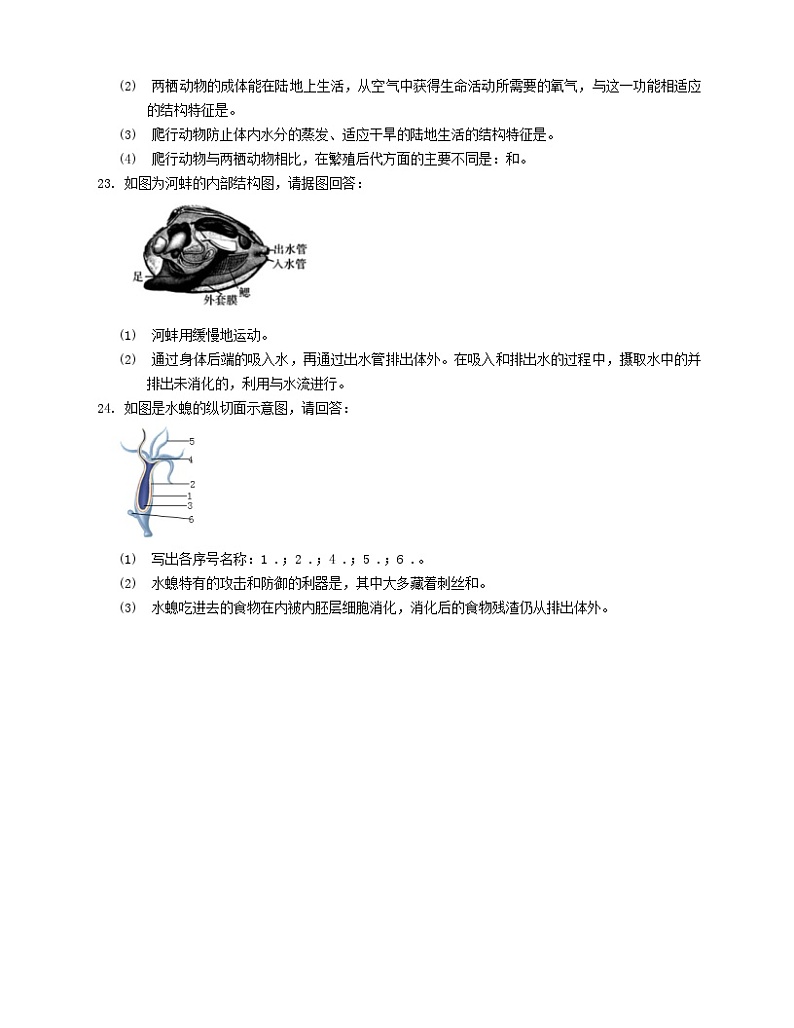 2023八年级生物下册第7单元生命的演化第22章物种的多样性22.4动物的主要类群同步检测含解析新版北师大版03