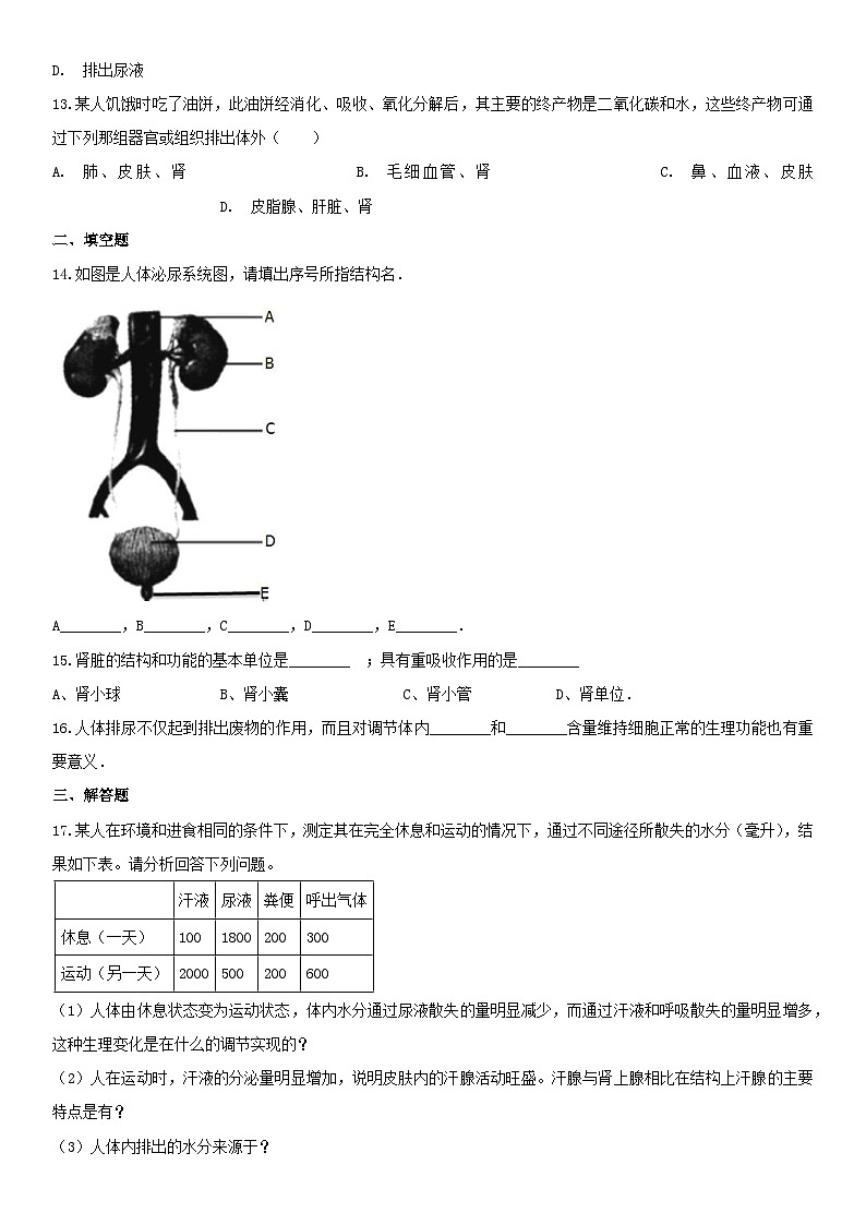 2023七年级生物下册第四单元生物圈中的人第11章人体代谢废物的排出11.1人体产生的代谢废物练习新版北师大版第3页