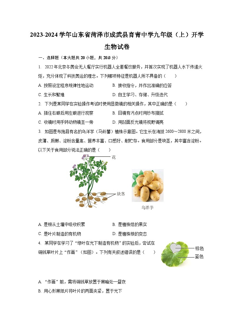 山东省菏泽市成武县育青中学2023-2024学年九年级上学期开学生物试卷01