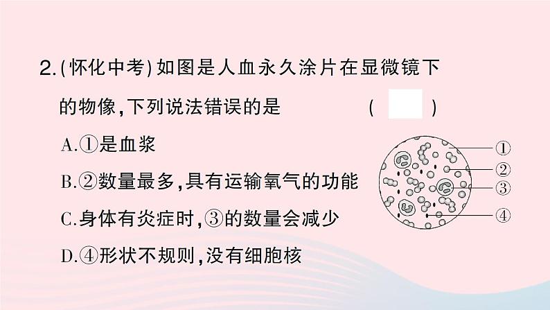 2023七年级生物下册第四单元生物圈中的人第九章人体内的物质运输第1节血液作业课件新版北师大版第7页