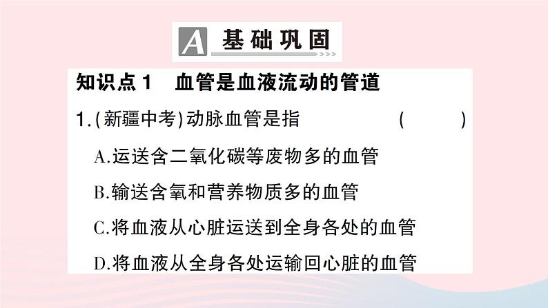 2023七年级生物下册第四单元生物圈中的人第九章人体内的物质运输第2节血液循环第一课时血管和心脏作业课件新版北师大版07