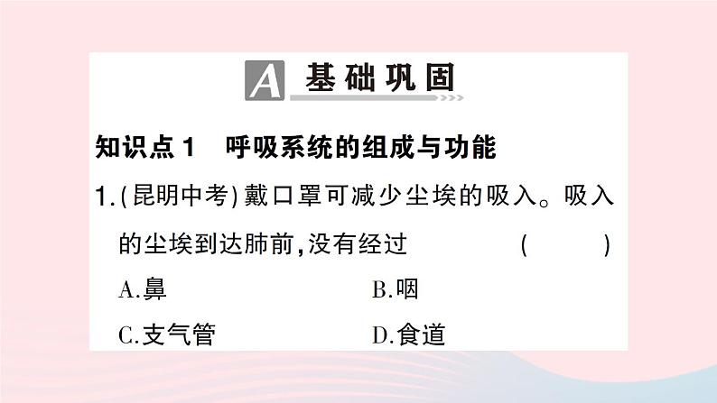 2023七年级生物下册第四单元生物圈中的人第十章人体的能量供应第2节人体细胞获得氧气的过程第一课时呼吸系统的组成与功能呼吸运动作业课件新版北师大版08