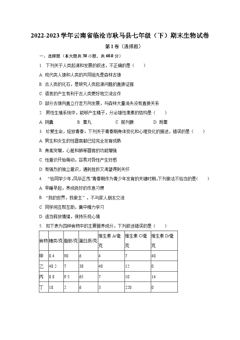 2022-2023学年云南省临沧市耿马县七年级（下）期末生物试卷（含解析）01