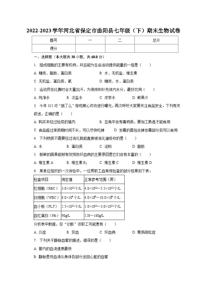 2022-2023学年河北省保定市曲阳县七年级（下）期末生物试卷（含解析）01