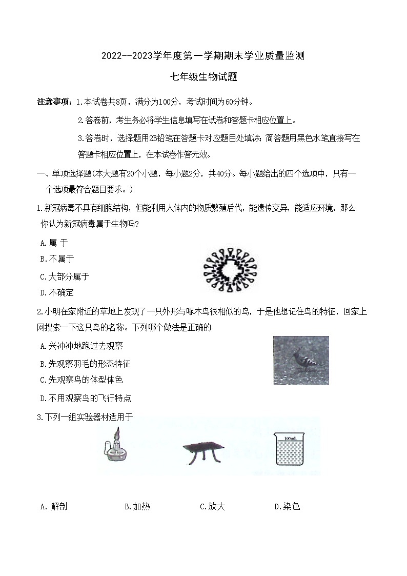 河北省保定市莲池区2022--2023学年七年级上学期期末学业质量监测生物试题第1页