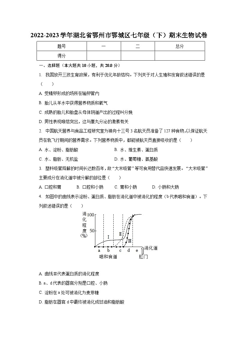 2022-2023学年湖北省鄂州市鄂城区七年级（下）期末生物试卷（含解析）第1页